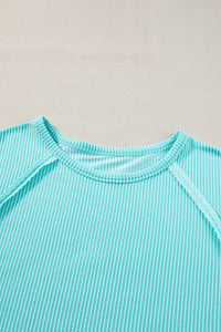 Light Blue Ribbed Exposed Seam Casual Plus Size T Shirt