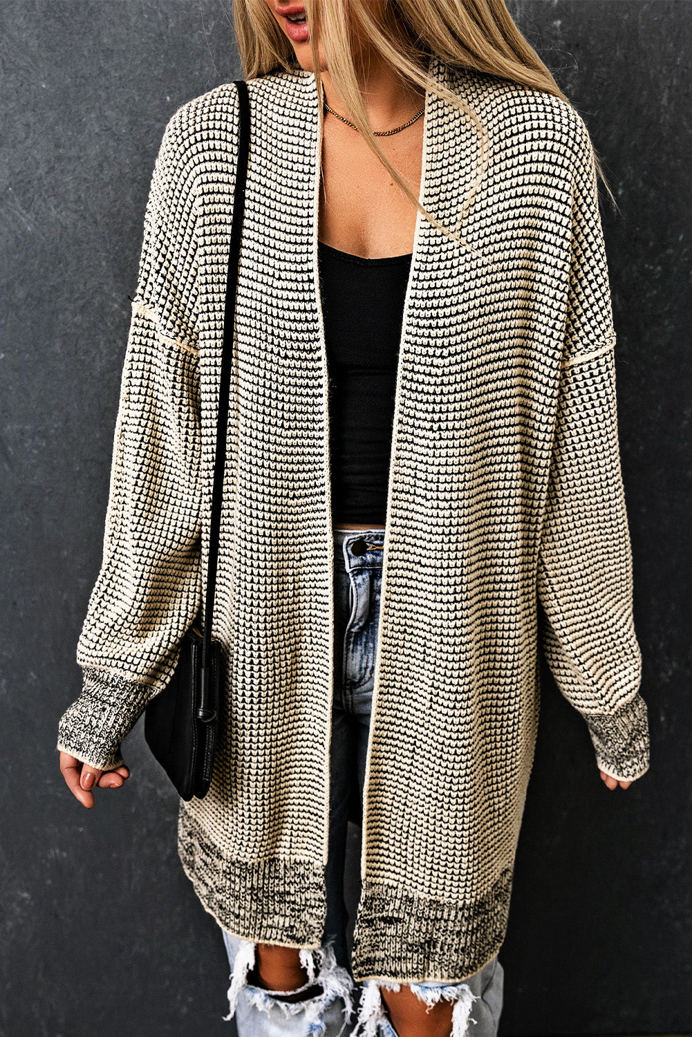 Yellow Plaid Knitted Long Open Front Cardigan