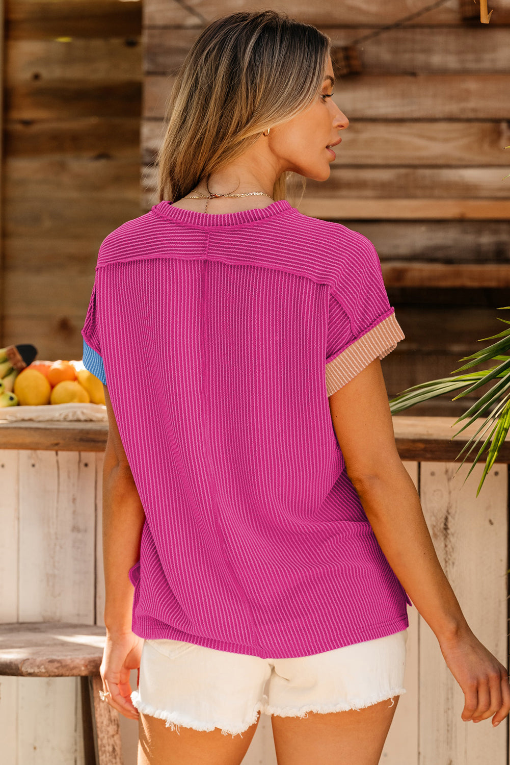 Pink Textured Colorblock Crew Neck T Shirt