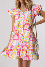 Load image into Gallery viewer, Pink Abstract Floral Ruffle Trim Flutter Sleeve Buttoned Dress
