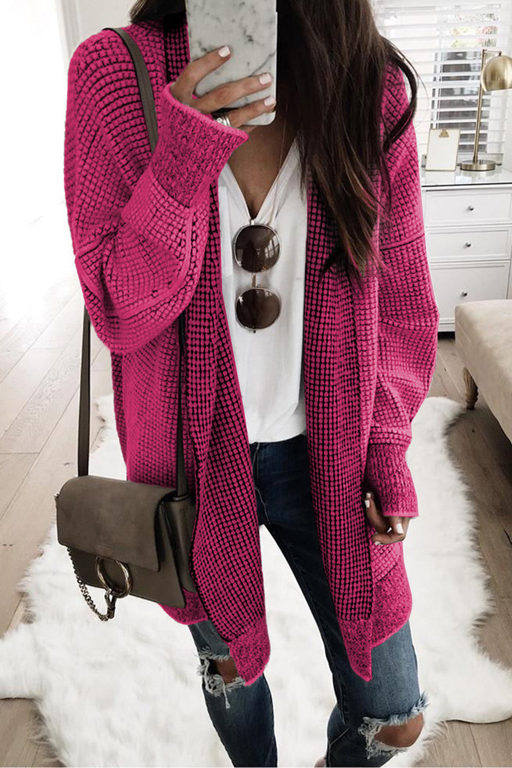 Yellow Plaid Knitted Long Open Front Cardigan