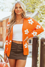 Load image into Gallery viewer, Orange Floral Print Knitted Open Front Loose Cardigan
