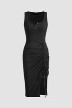 Load image into Gallery viewer, Black Drawstring Ruched Side Split Ribbed Midi Dress
