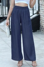 Load image into Gallery viewer, Sail Blue Side Pockets Frilled Smocked High Waist Wide Leg Jeans
