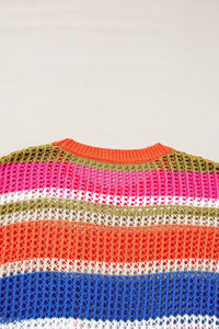 Pink Stripe Colorblock Hollowed Crochet 3/4 Sleeve Sweater