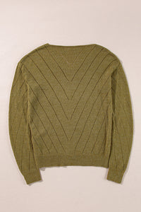 Sage Green Solid Eyelet Drop Shoulder V Neck Sweater