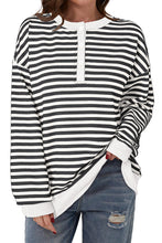 Load image into Gallery viewer, White Stripe Color Block Buttoned Crew Neck Oversized Sweatshirt
