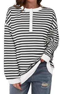 White Stripe Color Block Buttoned Crew Neck Oversized Sweatshirt