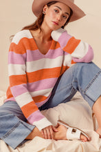 Load image into Gallery viewer, Orange Stripe Colorblock V Neck Casual Sweater
