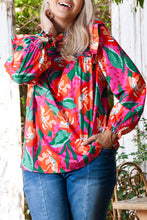 Load image into Gallery viewer, Rose Floral Print Pleated Ruffled O Neck Plus Size Blouse
