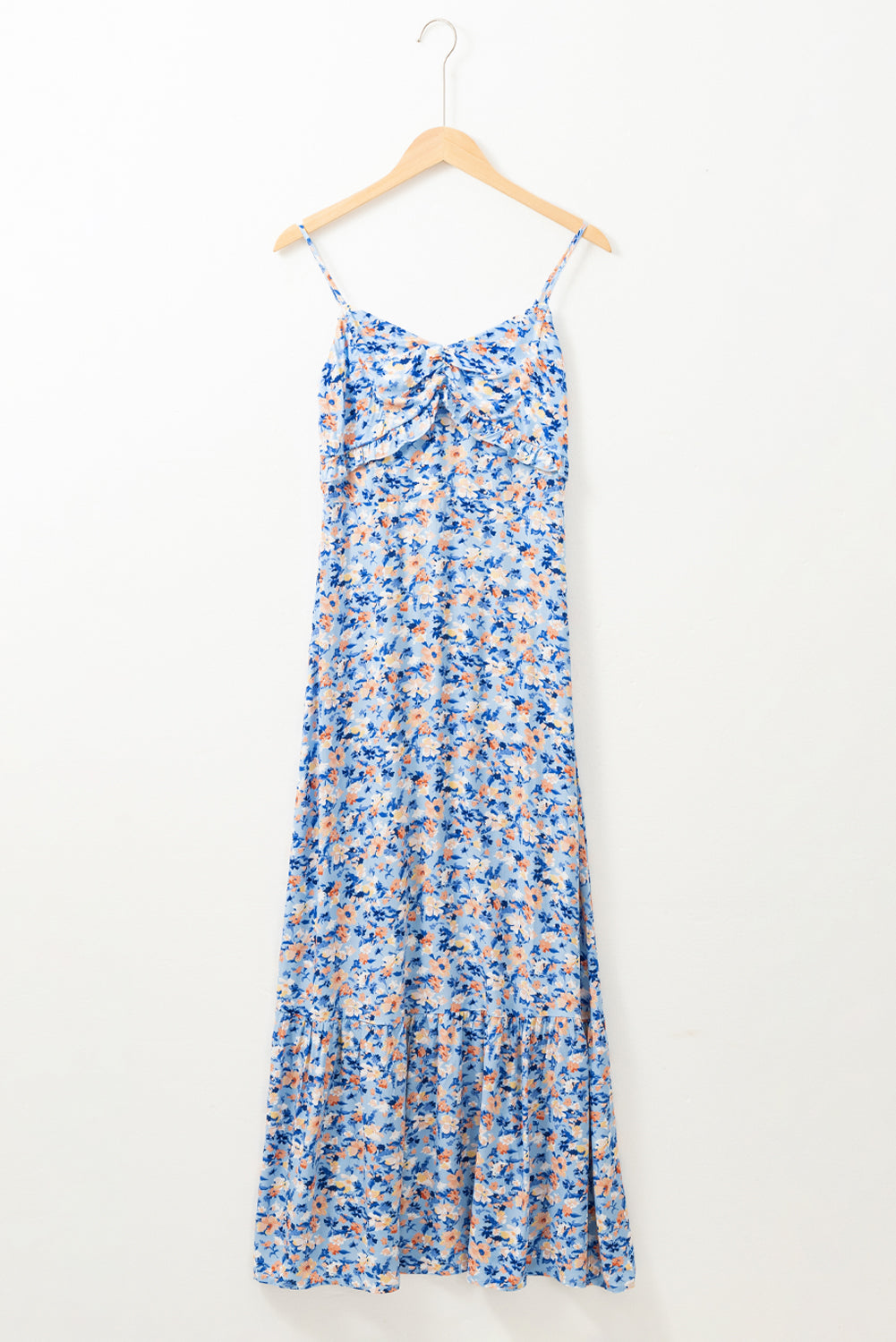 Sky Blue Floral Print Ruffled Ruched Maxi Dress