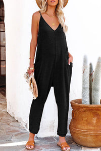 Green Textured Sleeveless V-Neck Pocketed Casual Jumpsuit