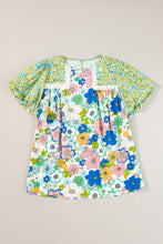 Load image into Gallery viewer, Green Bubble Sleeve Lace Trim Floral Mixed Print Blouse
