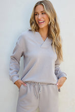 Load image into Gallery viewer, Light Grey Solid Textured Collared V Neck Top and Wide Leg Pants Set
