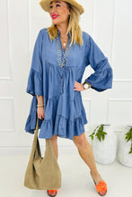 Load image into Gallery viewer, Sky Blue Chambray Ruffled 3/4 Sleeve Tiered Split V Neck Mini Dress
