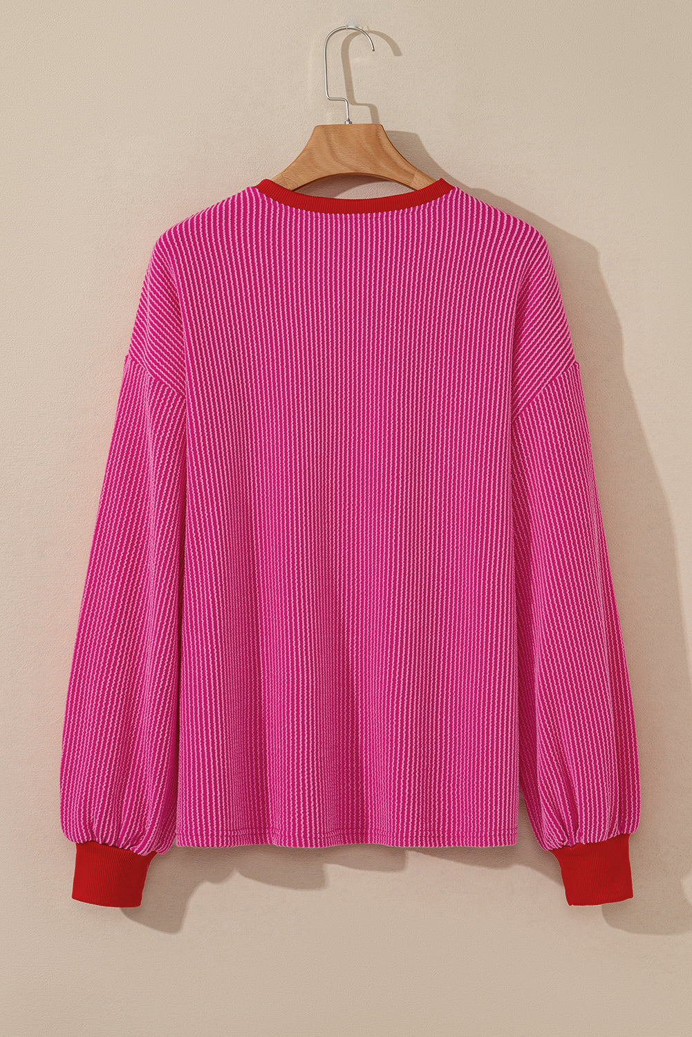 Bright Pink Corded Contrast Edge Drop Shoulder Long Sleeve Top