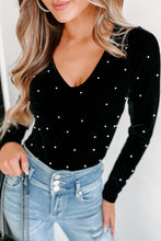 Load image into Gallery viewer, Black Velvet Beaded Long Sleeve V Neck Bodysuit
