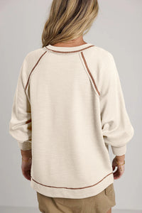 Beige Exposed Seam Textured Knit V Neck Pullover Top