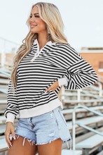 Load image into Gallery viewer, White Stripe Color Block Buttoned Crew Neck Oversized Sweatshirt
