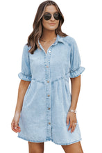 Load image into Gallery viewer, Beau Blue Mineral Wash Ruffled Short Sleeve Buttoned Denim Dress
