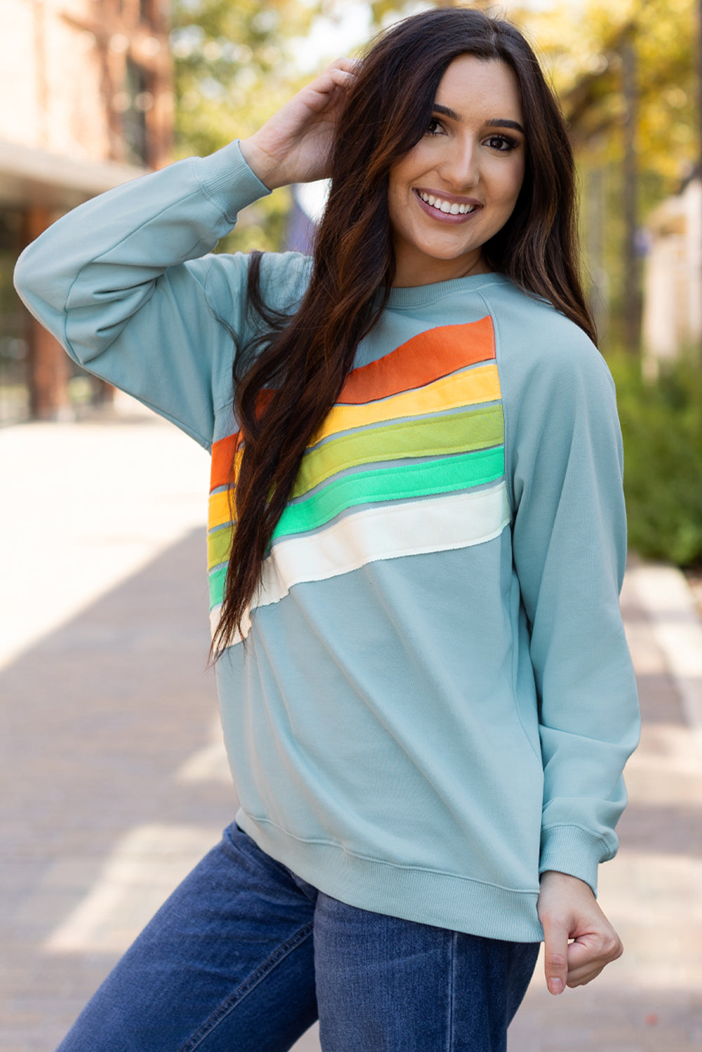 Apricot Rainbow Colorblock Striped Pullover Sweatshirt