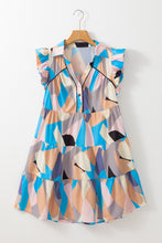 Load image into Gallery viewer, Sky Blue Geometric Print Ruffled Cap Sleeve Collared Mini Dress
