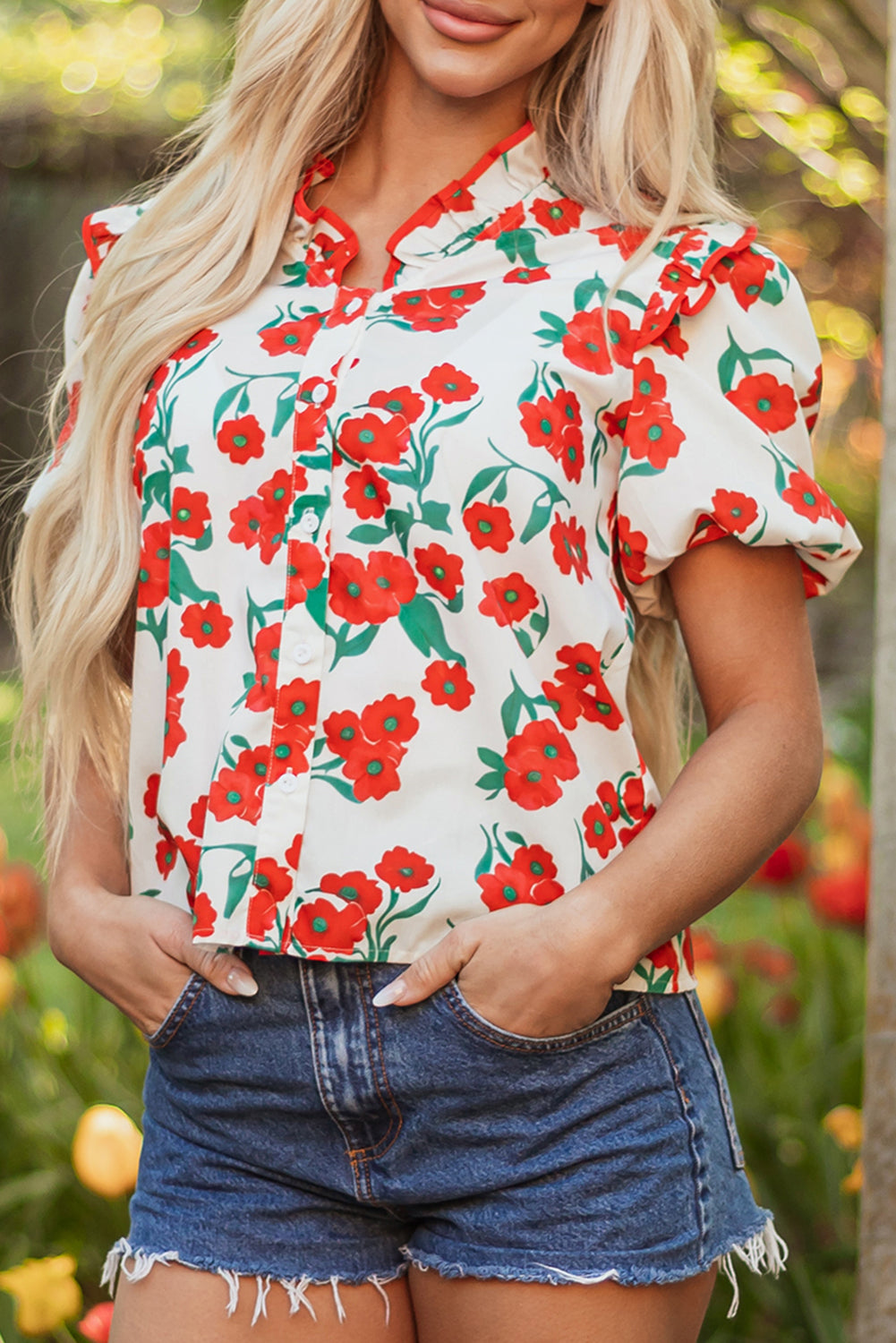 Red Floral Print Ruffled Puff Sleeve Elegant Summer Shirt