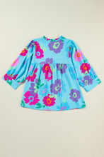 Load image into Gallery viewer, Light Blue Plus Size Floral Print Notched V Neck Babydoll Blouse
