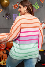 Load image into Gallery viewer, Pink Stripe Color Block Balloon Sleeve Crewneck Plus Size Sweater
