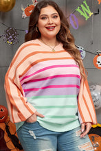 Load image into Gallery viewer, Pink Stripe Color Block Balloon Sleeve Crewneck Plus Size Sweater
