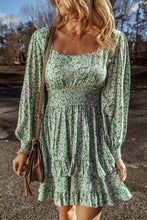 Load image into Gallery viewer, Green Floral Print Square Neck Shirred Waist Tiered Ruffled Mini Dress
