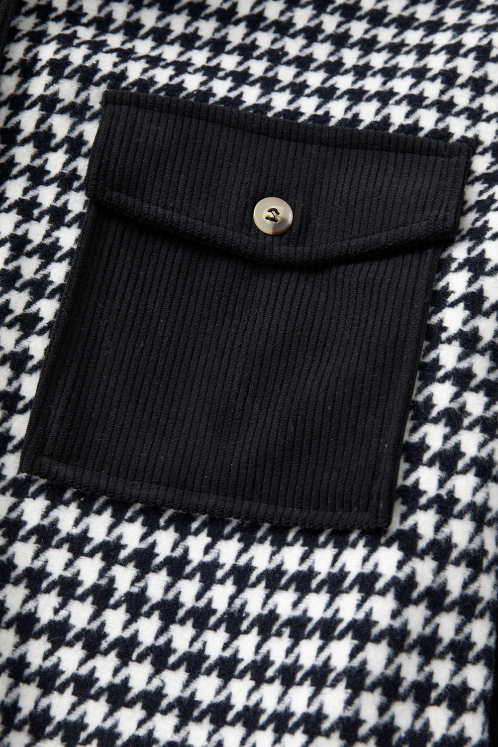 Black Houndstooth Corduroy Patchwork Flap Pocket Shacket