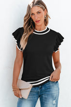 Load image into Gallery viewer, Black Edge Piping Ruffled Sleeve Round Neck Knit T Shirt
