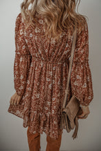 Load image into Gallery viewer, Brown Boho Floral Ruffled Puff Sleeve V Neck Mini Dress
