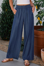 Load image into Gallery viewer, Sail Blue Side Pockets Frilled Smocked High Waist Wide Leg Jeans
