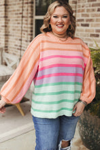 Load image into Gallery viewer, Pink Stripe Color Block Balloon Sleeve Crewneck Plus Size Sweater
