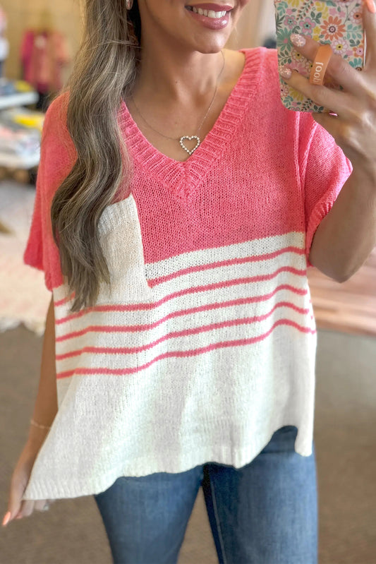 Strawberry Pink Contrast Stripes V Neck Knitted Short Sleeve Top