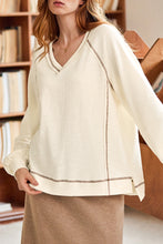 Load image into Gallery viewer, Beige Exposed Seam Textured Knit V Neck Pullover Top
