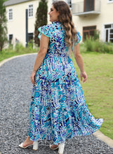 Load image into Gallery viewer, Sky Blue Plus Abstract Print Split Neck Ruffled Sleeve Tiered Long Dress
