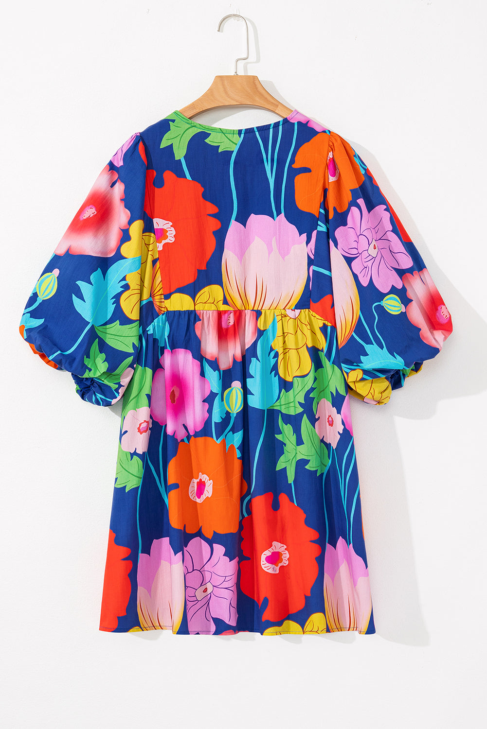 Rose Floral Print Split Neck Babydoll Dress