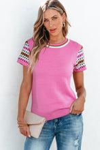 Load image into Gallery viewer, Bright Pink Contrast Printed Cap Sleeves Crewneck Sweater
