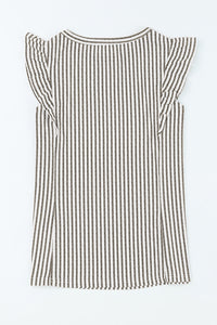 Khaki Striped Crew Neck Ruffled Tank Top