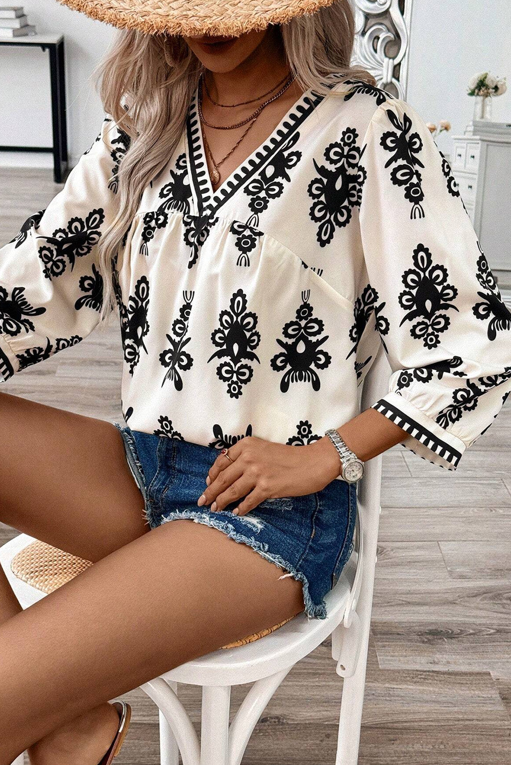 Black Vintage Geometric Printed 3/4 Sleeve V Neck Blouse