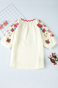 White Floral Embroidered Ricrac Puff Sleeve Textured Blouse