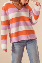 Load image into Gallery viewer, Orange Stripe Colorblock V Neck Casual Sweater
