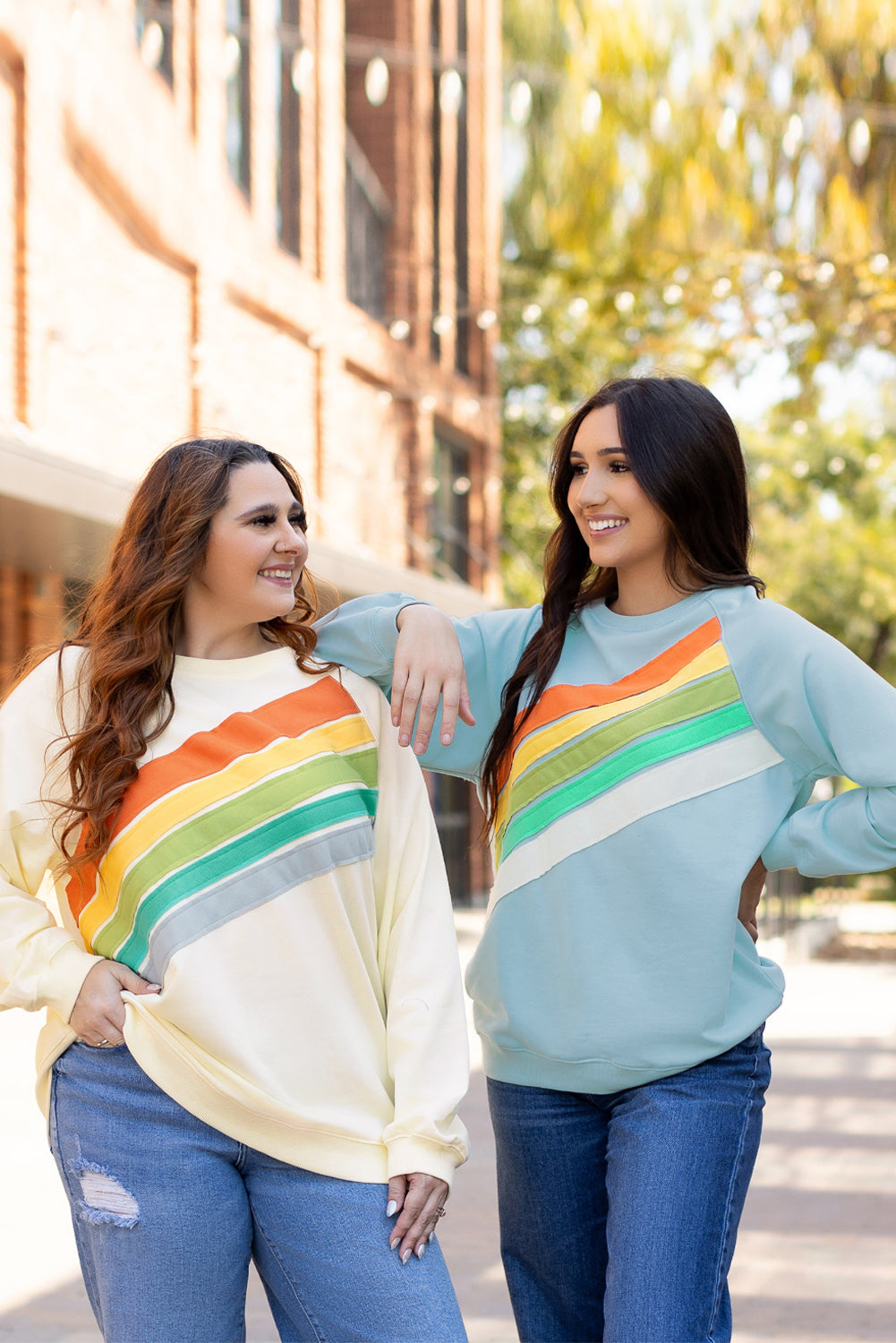 Apricot Rainbow Colorblock Striped Pullover Sweatshirt