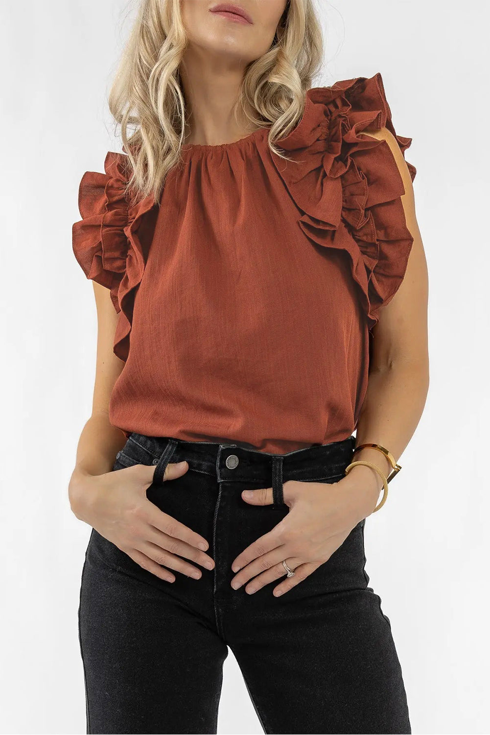 Red Sandalwood Ruffle Trim Sleeveless Blouse