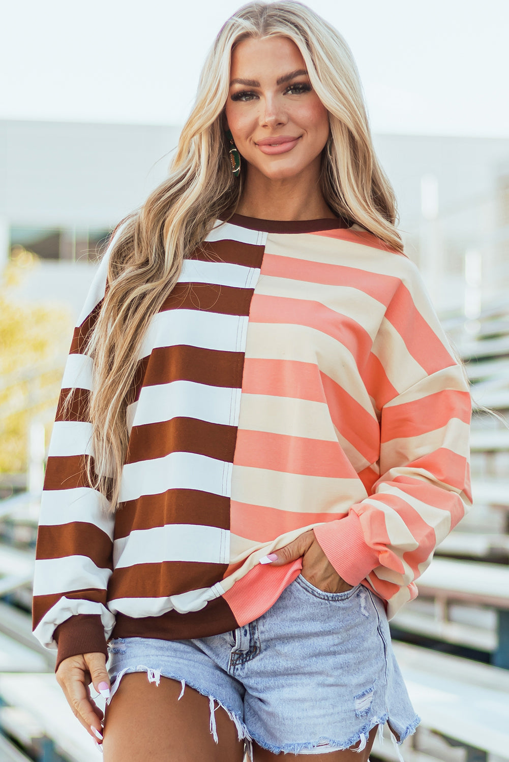 Brown Stripe Color Block Drop Shoulder Pullover Sweatshirt