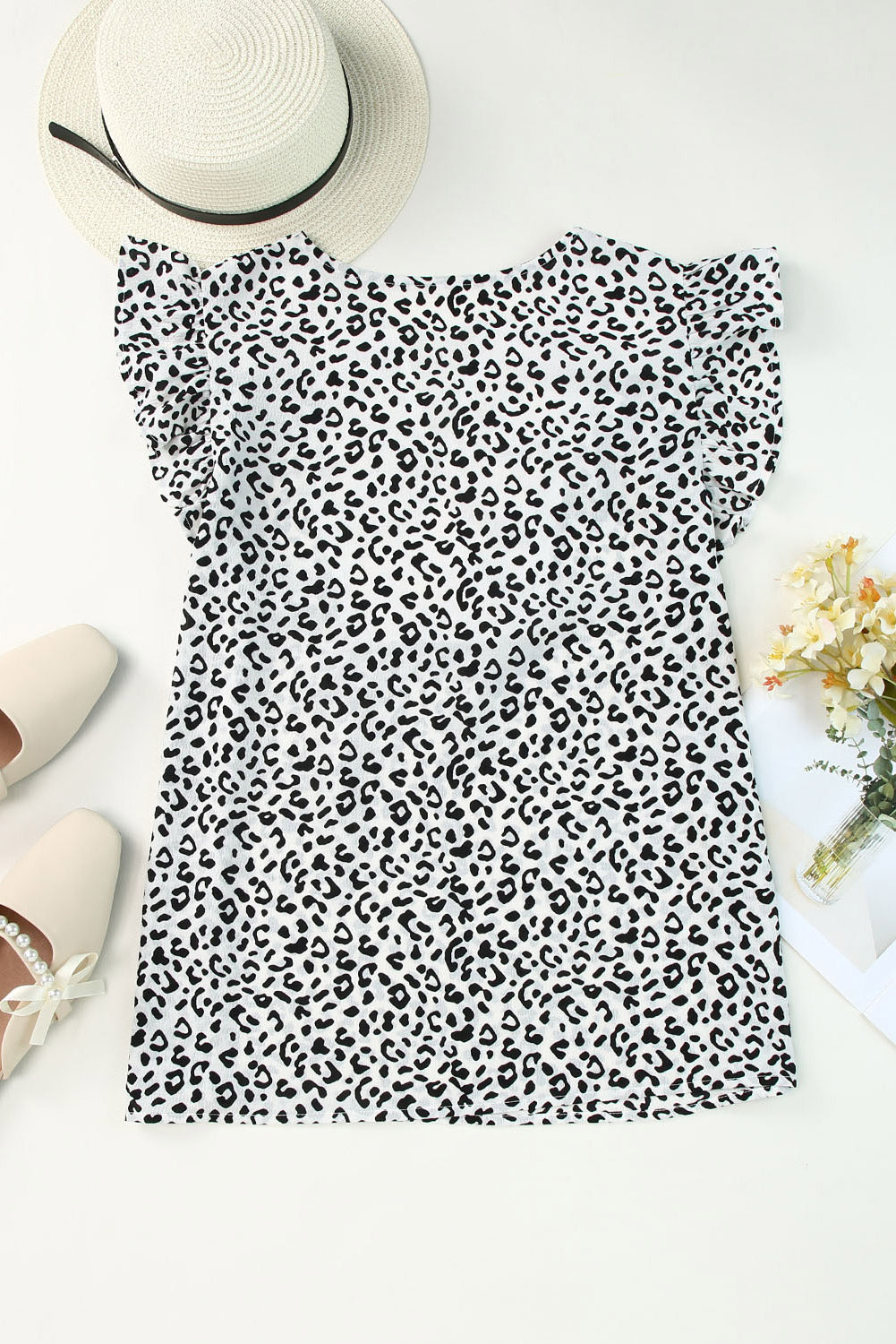 Leopard Ruffle Shoulder Embellished V-neck Sleeveless Top