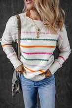 Load image into Gallery viewer, White Colorful Striped Ribbed Trim Sweater
